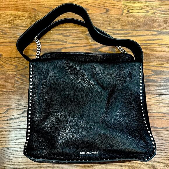Michael Kors Black Leather Silver Studed Shoulder Bag - Picture 1 of 11